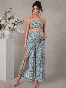 Momance Maternity Spaghetti Strap Ditsy Floral Sleeveless Top And Pants 2 Pieces Set, Summer - Green - View 3