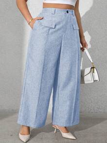 Vionelle 大码女式纯色前袋休闲西装裤阔腿裤女士阔腿裤女士休闲裤女士阔腿裤女士夏季裤装 - 淺藍色 - 查看 3