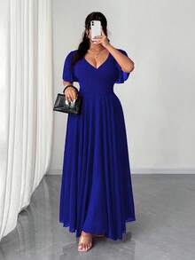 Elenzga Plus Size Women Chiffon Ruffle Sleeve V-Neck A-Line Dress, Simple Elegant Romantic Graceful Flowing - Royal Blue - View 3