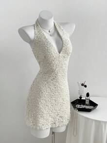 Elamini 女士深V领提花针织修身A字简约时尚迷你连衣裙 - 杏色 - 查看 4