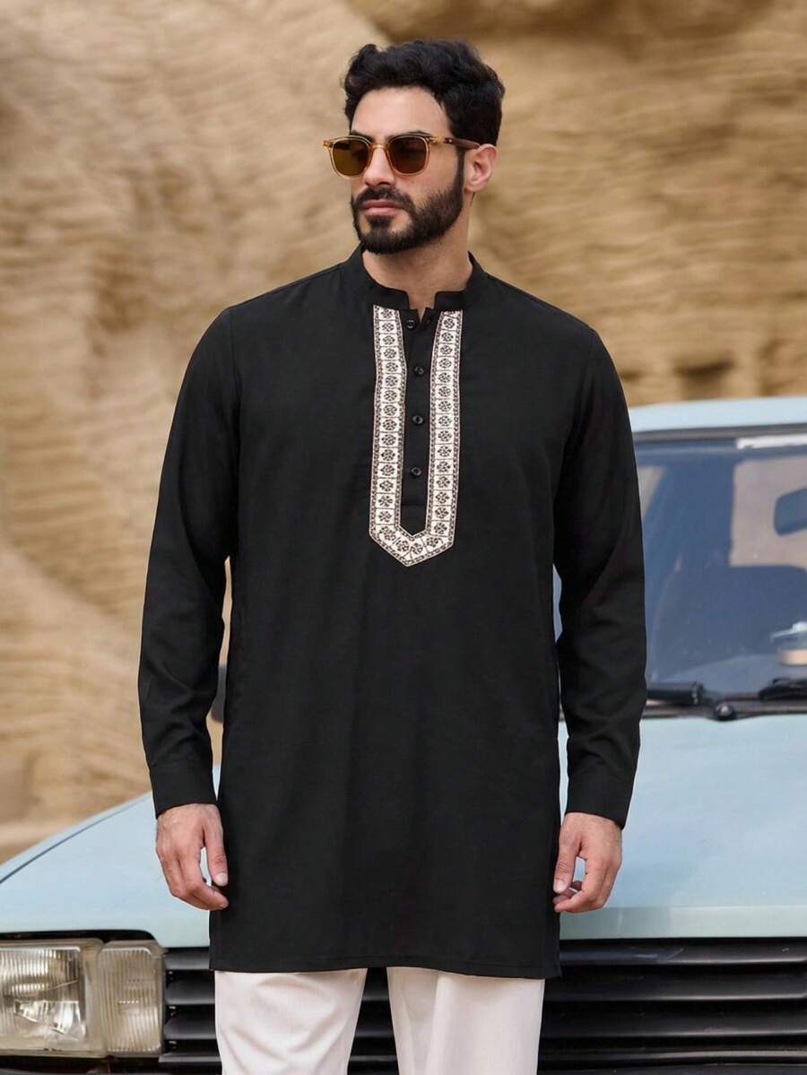 DAZY Mid-Length Black Shirt With Lapel Tie Design For Men, Spring - Black - View 1