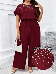 Reflora 大码优雅圆领连体裤，配腰带和阔腿裤腿 - 酒紅色 - 查看 8