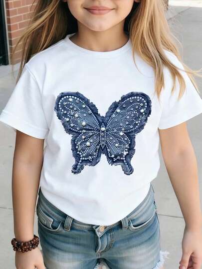 Young Girls' Casual Comfortable Fashion Minimalist Versatile Creative Cute Butterfly Print Short Sleeve T-Shirt, Suitable For Spring/Summer Outings