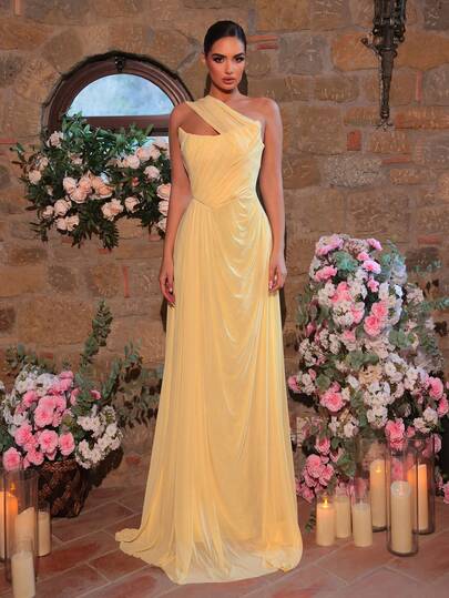 Glamrae Elegante vestido de gasa asimétrico minimalista y estructuralista con cuello plisado y decoración en línea A, adecuado para vestido de noche, formal de negocios y vestido de invitada