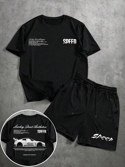 Manfinity Men's Slogan Print Round Neck Short Sleeve Casual T-Shirt And Drawstring Waist Shorts Set