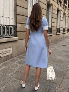 Pariaura 女士撞色蕾丝条纹翻领短袖单排扣衬衫裙 - 藍白色 - 查看 2