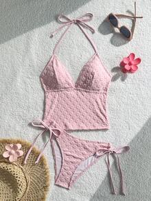 Swim Mod Women's Spring/Summer Jacquard Fabric Spaghetti Strap Drawstring Camisole Bikini Top - Pink - View 2