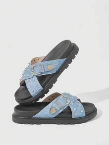 HighSole Sandal đế bằng dày dặn, thoải mái màu đen dành cho nữ, thích hợp mang hàng ngày. - Màu xanh lam - Xem 3