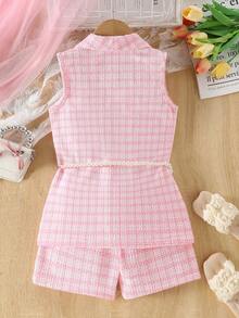 SHEIN Elladie kids 3件套少女粉色西装外套、吊带背心和短裤套装，正式休闲优雅夏季服装 - 粉色 - 查看 3