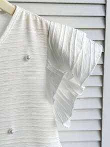 SHEIN Tween Girl Spring/Summer Casual Beaded Elegant Ruffle Trim Woven Textured Round Neck Blouse - White - View 3