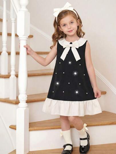 SHEIN Young Girl Faux Pearl Bow Decor Ruffle Fashion Vacation Dress