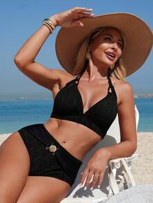 Swim Lushoire SHEIN Swim Lushore Women's Double-Layer Lace Fabric Swimwear Set - Black - View 3