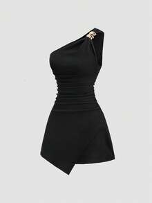 Sweetra Y2K Sexy Asymmetric Shoulder Textured Fabric Pleated Buttoned Versatile Elegant Commuter Dress - Black - View 3