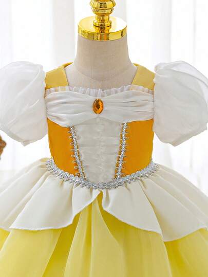 SHEIN Glamorique Kids Baby Girls' Princess Tulle Dress, Yellow Mesh Dress, Gemstone, Birthday Party Wedding Holiday Formal Gown, Puff Sleeve, Cute, Elegant Formal Dress, All Season, Sleeve Cuff