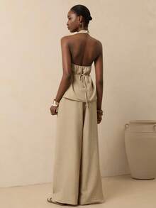 Vesra Bộ đồ 2 món dành cho nữ: Áo croptop cổ chữ V buộc dây sau lưng và quần ống rộng cạp chun. - Màu be - Xem 2