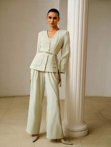 ZEYLAH Áo khoác thanh lịch bằng vải lanh, cổ tròn, có thắt lưng, thích hợp cho mùa xuân/hè. - Màu xanh Bạc hà - Xem 1