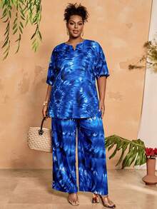 EMERY ROSE Plus Size Women's Tie-Dye Blue 2 Pieces Set,Short Sleeve Top And Wide Leg Pants,Summer Boho Vacation Holiday Outfits,Casual Bohemian Festival Clothes - Multicolor - View 4