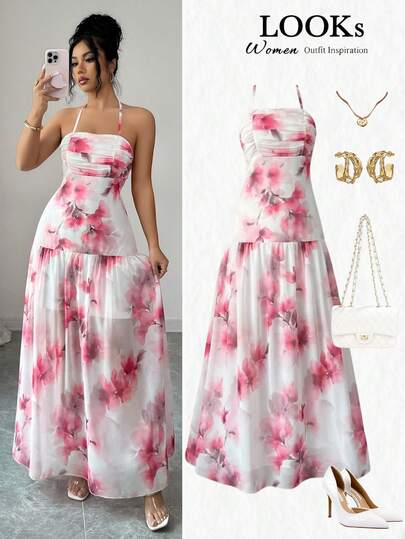 SHEIN Elenzya Women's Summer Beach Vacation Floral Print Backless Tie-Front Dress