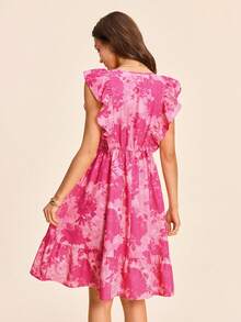 Coeurva Vestido midi con cuello en V, mangas acampanadas y estampado, adecuado para vacaciones de primavera/verano - Rosa - Ver 3
