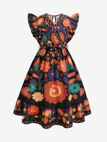 Summer Tween Girls Floral Print V-Neck Dress - Black - View 4