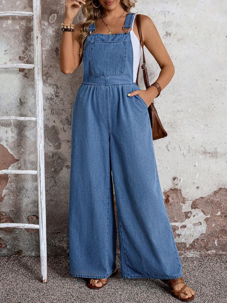 EMERY ROSE Women's Casual Everyday Commute Slant Pocket Loose Wide Leg Denim Jumpsuit - Blue - View 1