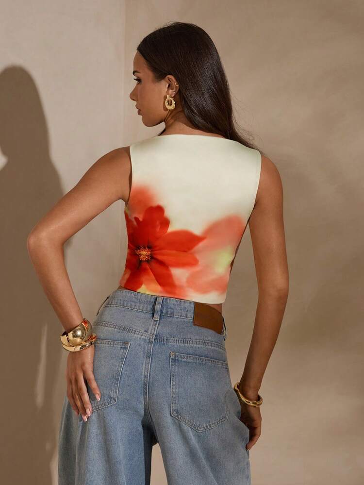 SHEIN Glamour 印花方领无袖上衣，街头风，春季上衣，演唱会上衣，夜店上衣，约会上衣，优雅上衣，舞会上衣，锐舞派对上衣，女士生日上衣，派对必备，情人节上衣，新年上衣，基础款上衣，外出上衣，休闲针织上衣 - 彩色 - 查看 2