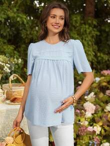 SHEIN 孕妇休闲圆领短袖上衣 - 藍色 - 查看 1