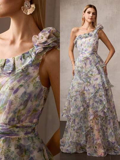 MOTF Soiréza VESTIDO DE CÓCTEL PARA MUJER CON ESTAMPADO FLORAL DE ORGANZA, UN HOMBRO, DOBLADILLO MULTICAPA Y CINTURA CEÑIDA