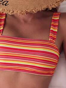Swim Mod Set Bikini 2 Potong Wanita Musim Panas dengan Motif Warna Acak, Atasan Tali dan Celana Pendek Renang Pinggang Tinggi, untuk Liburan Pantai - MultiWarna - View 3