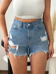 EURMUSE High Rise Summer Denim Mini Women Short - Medium Wash - View 6