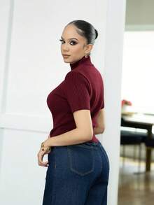 Melissa Matos 女士纯色高领短袖羊毛针织上衣，四季皆宜 - 酒紅色 - 查看 2