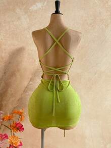 Soleia Women's Backless Halter Drawstring Mini Dress, Suitable For Beach & Vacation - Green - View 2