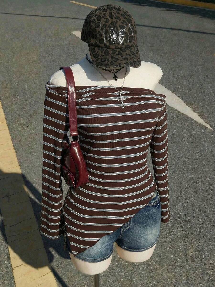 SHEIN ICON 女士加大码黑色修身斜肩喇叭袖T恤,秋冬款 - 彩色 - 查看 1