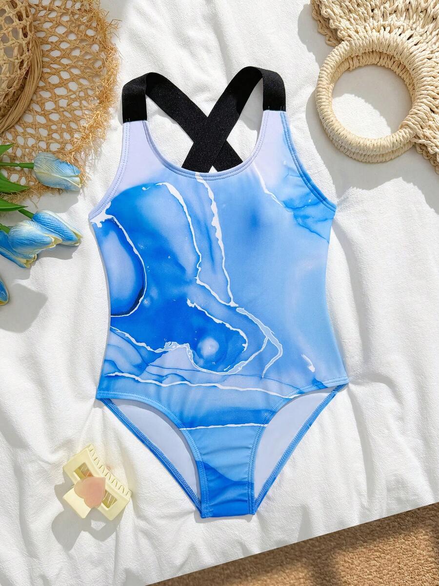 SHEIN Tween Girl Blue Ink-Wash Color Block 1pc Swimsuit, Summer Casual Beach Holiday Cross Back Strap Tween Girl Quick-Drying Breathable Swimming Suit - Multicolor - View 1