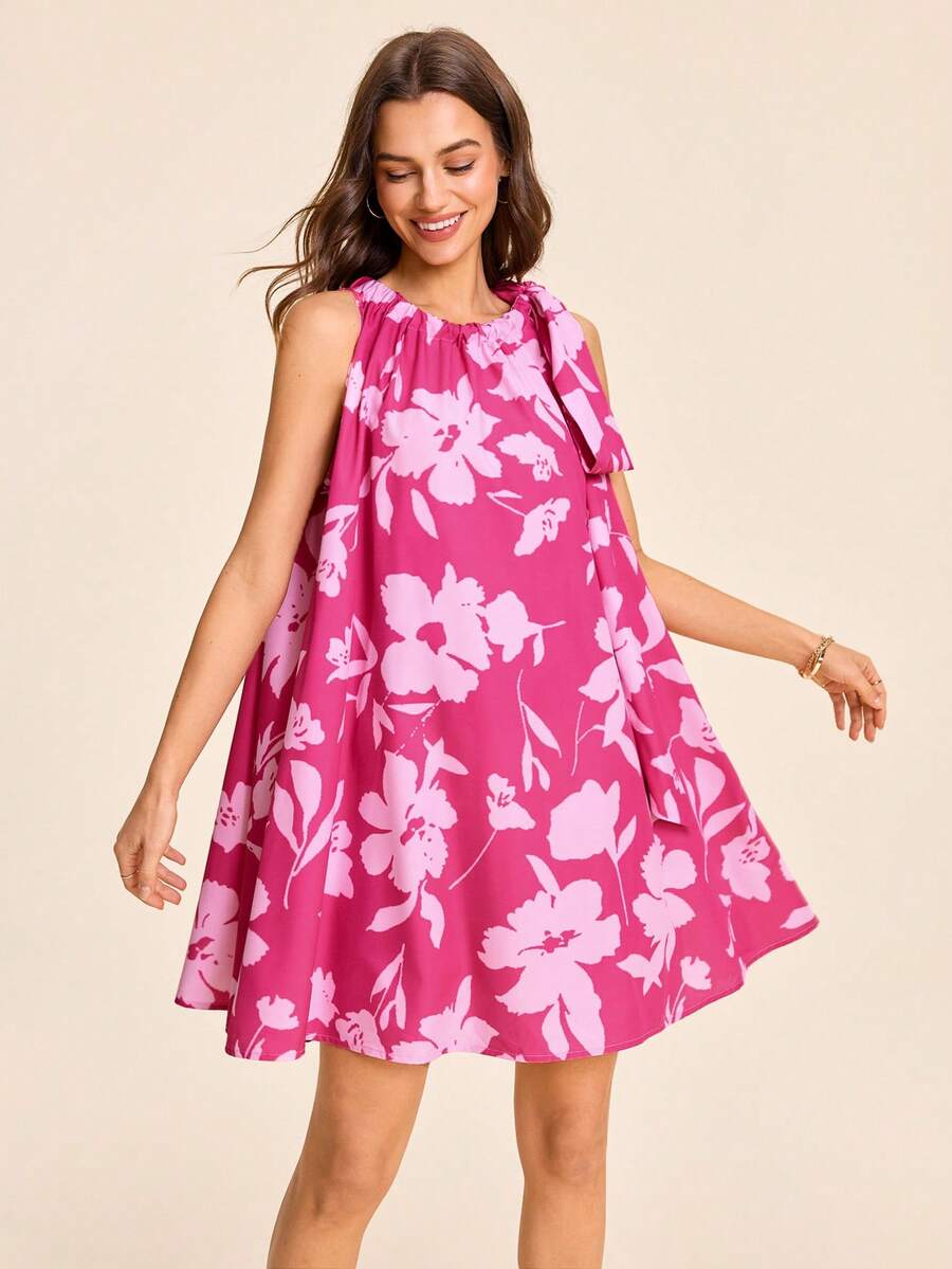 Coeurva Spring/Summer Vacation Chiffon Printed Off-Shoulder Mini Dress For Women - Pink - View 1