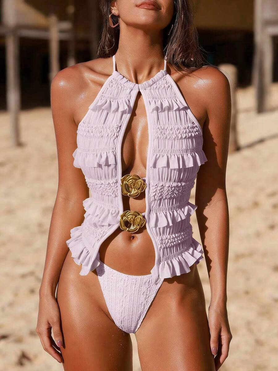 INAWLY Top sin espalda con cuello halter, decorado con flor de metal hueca y volantes de unicolor para mujer - Morado - Ver 1