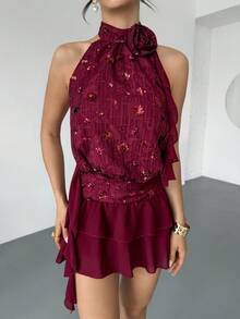 Rafferiza Women's Burgundy Summer 70s Party Night Out Dress, Wine Red Sequined Halter Neck Backless Mini Dress, Sleeveless A-Line Nightclub Reception Outfit - Red - View 6