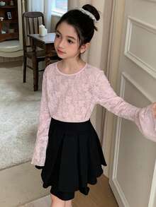 DAZY Tween Girls Round Neck Lace Fabric Fitted Flare Sleeve T-Shirt, Fall - Pink - View 2