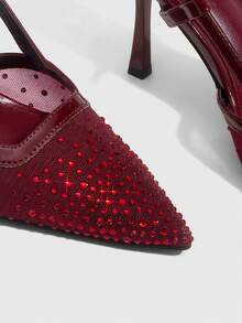 CUCCOO SZL Tacones altos de punta fina para mujer, con malla negra, adornados con rhinestones, de estilo glamoroso y sexy para fiestas y ocasiones especiales, con correa para el tobillo - Borgoña 1 - Ver 5