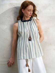 Airaco Women's Striped Ruffle Collar Top - Blue and White - View 4