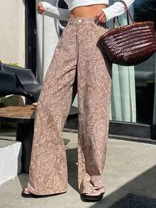 DAZY All-Over Print Slant Pocket Casual Wide Leg Jeans Summer - Brown - View 3