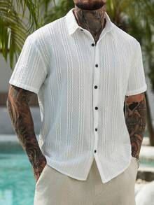 VENTUSAIL Men's Solid Color Short Sleeve Single-Breasted Casual Shirt, Holiday - White - View 3