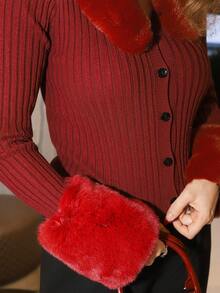 Gretanique 羊羔绒领毛边袖紧身黑色长袖开衫，秋冬季长袖上衣 - 酒紅色 - 查看 3