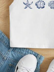 SHEIN 白色芙蓉花、海星、贝壳印花休闲卡通图案无袖圆领背心，适合海滩、度假、休闲场合。 - 白色 - 查看 5