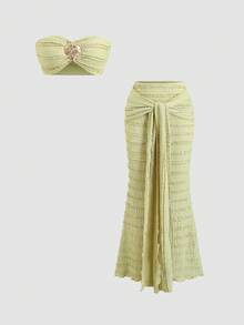 Sweetra Strapless Crop Top And Front Tie Fishtail Skirt Set, Suitable For Vacation, Outing, Birthday Party - Green - View 4