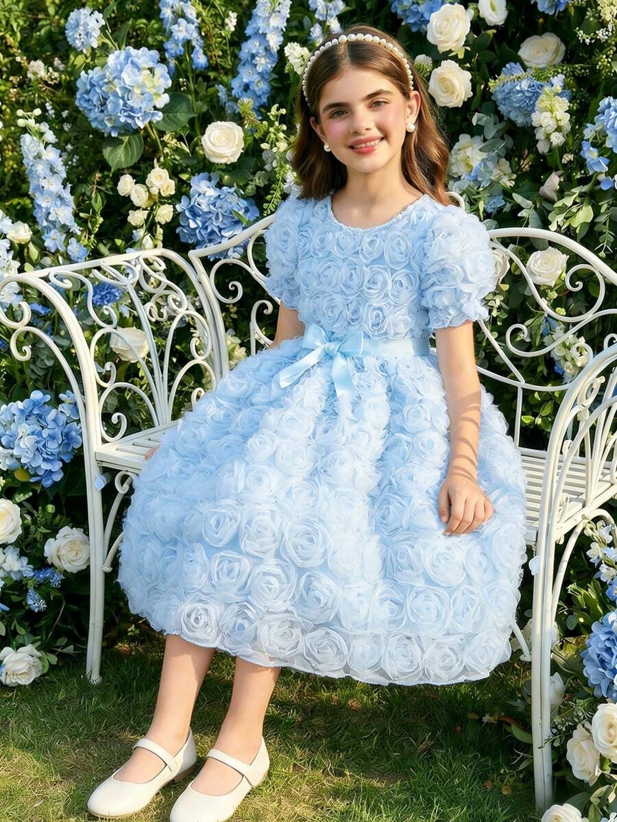 青少年女孩淺藍色夏季優雅伴娘婚禮賓客禮服,泡泡袖3D花朵公主裙,戶外校園派對紋理面料 - 藍色 - 查看 1