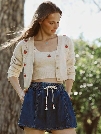 WESTFADE Smocked Drawcord Waist A Line 100% Cotton Denim Mini Skort Spring, Summer, Resort Wear, Casual, Coastal Cowgirl, Boho, Farmers Market, Vacation, Beach, Festival, Western Wear