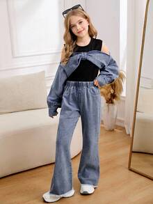 SHEIN 一套少女2026春夏新款休闲酷炫个性校园假期街头风浅蓝色牛仔拼接两件套大童露肩蝴蝶结拼接上衣+宽松阔腿牛仔裤春夏百搭品牌工装套装 - 深色水洗藍 - 查看 5