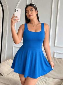 Solflare Navy Blue Plus Size Sleeveless Dress With Pockets & Shorts, Solid Color Jumpsuit - Royal Blue - View 5