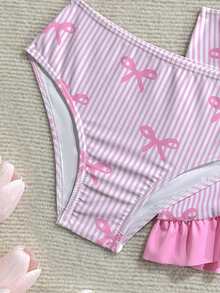 SHEIN Young Girls 3 Pieces Swimwear Set,Cute Bow Print Ruffle Trim Shoulder Strap Bathing Suit With Skirt,Suitable For Swimming,Summer,Beach,Holiday - Pink - View 7